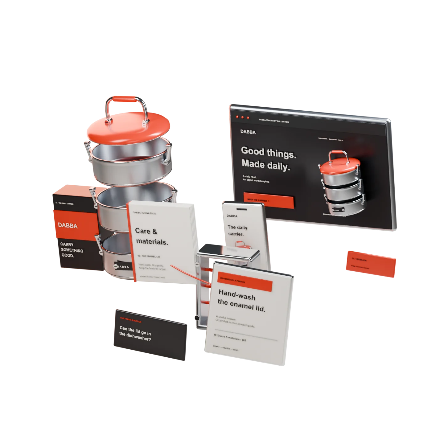 The Websauce DABBA collection across three studio compositions: a premium steel lunch carrier, its shopping interface and a sourced customer-support workflow.